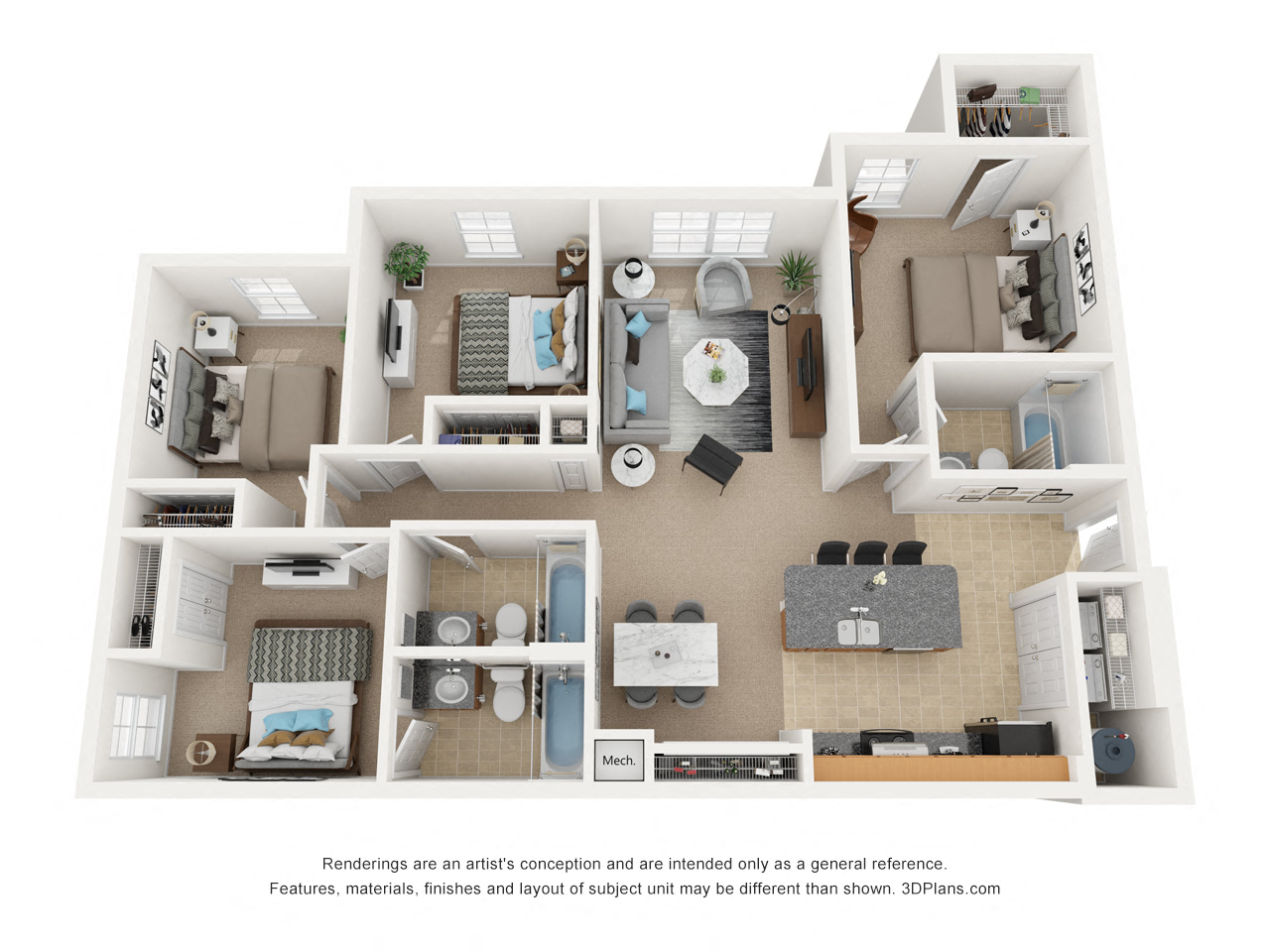 Floor plan for 4 beds, 3 baths, 1516 sqft